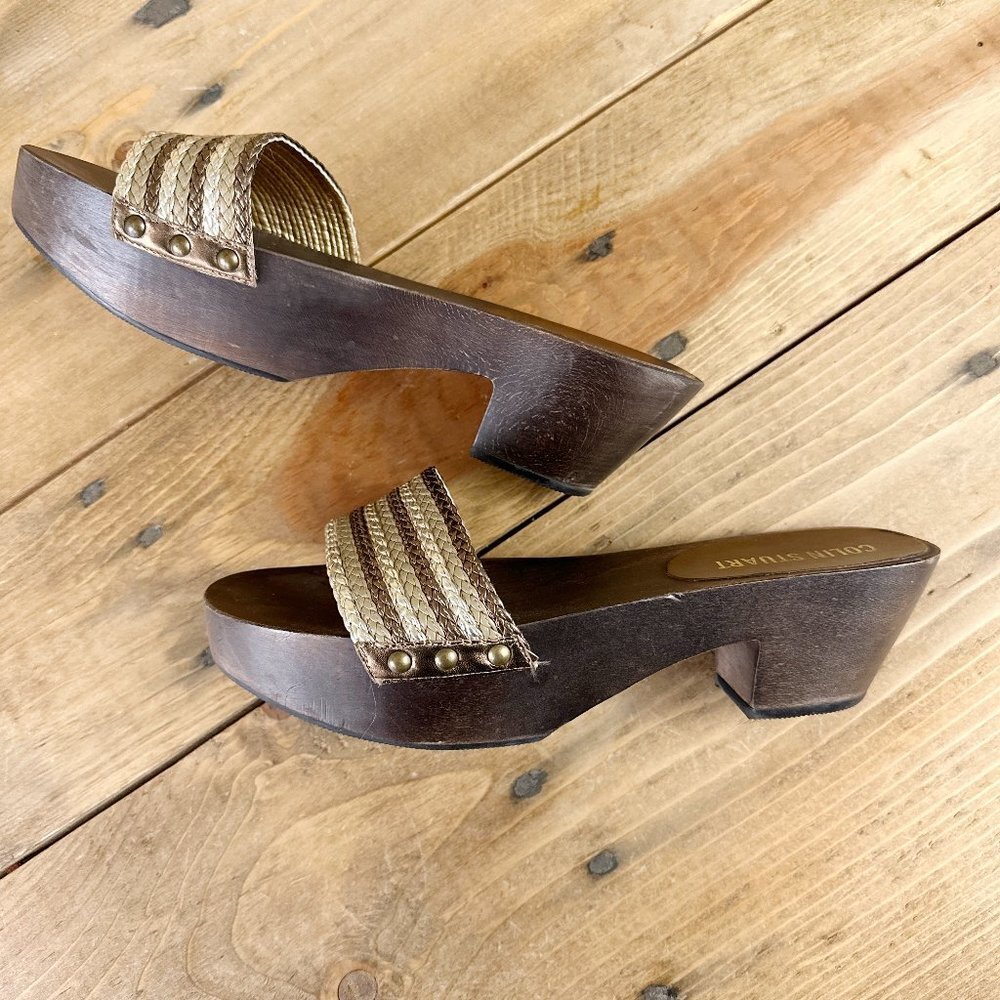 Colin Stuart Wood Bottoms Clogs Sandals Leather 7.5 Gold‎ Brown Platform